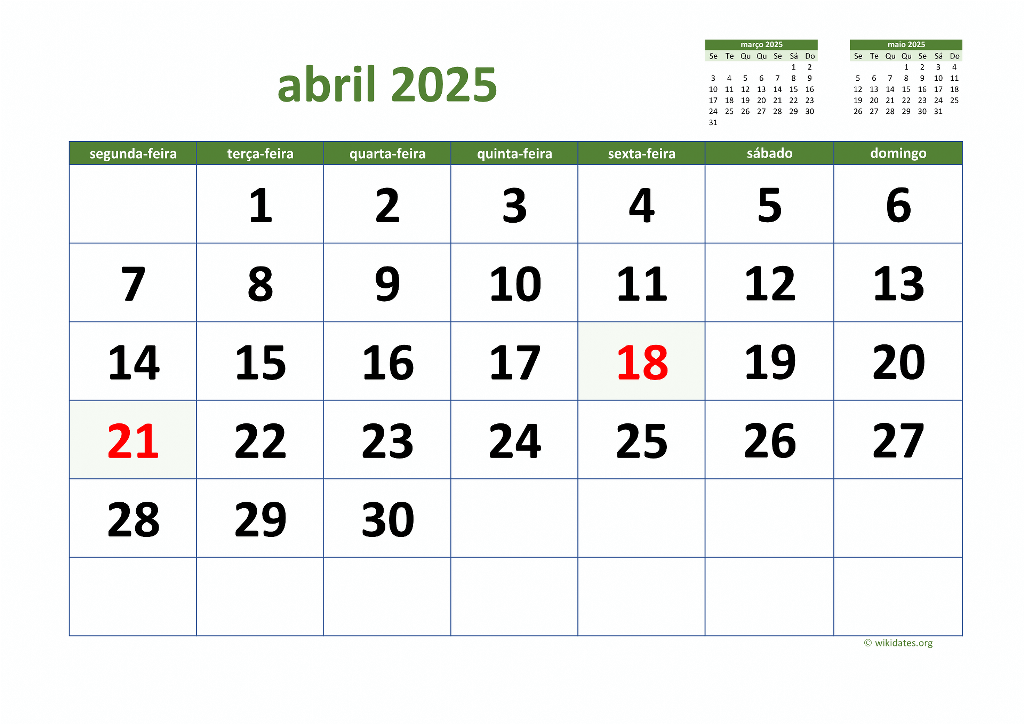 Calendário Abril 2025