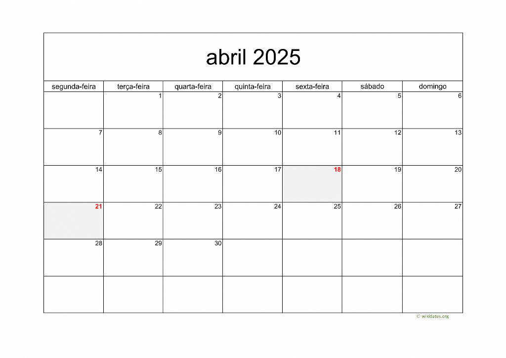 Calendário Abril 2025