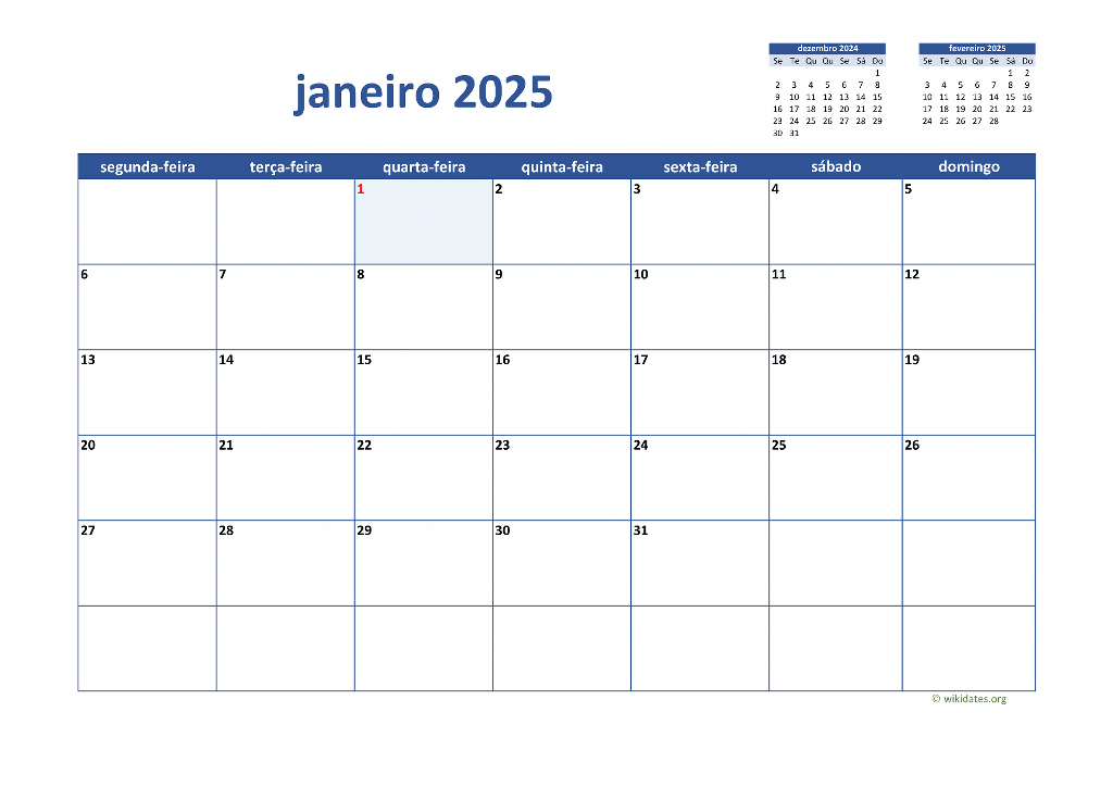 Calendário Janeiro 2025