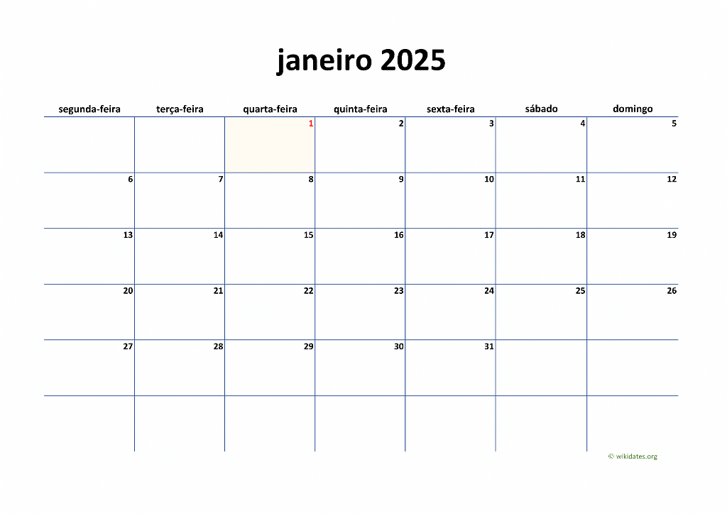 Calendário Janeiro 2025