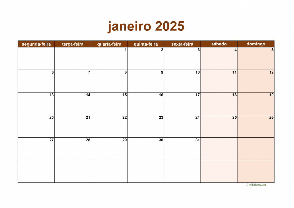 Calendário Janeiro 2025