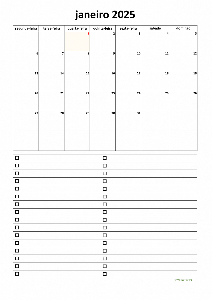 Calendário Janeiro 2025