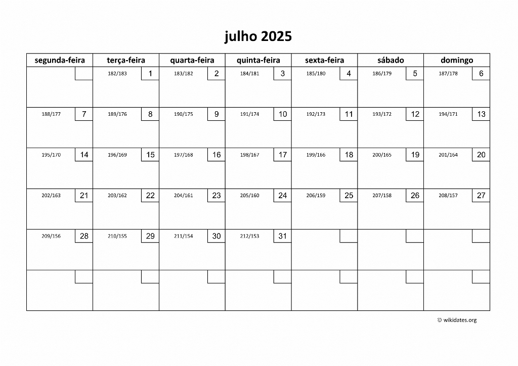Calendário Julho 2025