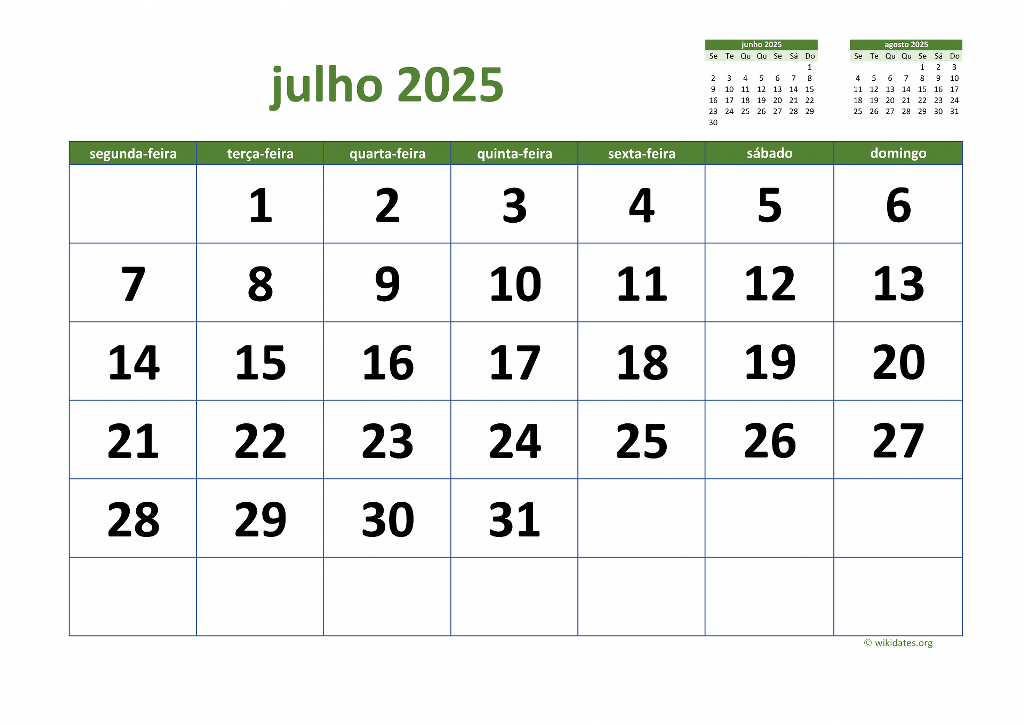Calendário Julho 2025