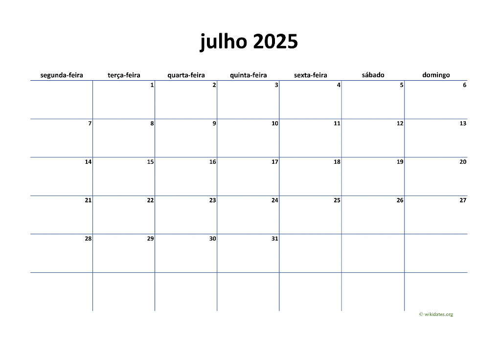 Calendário Julho 2025