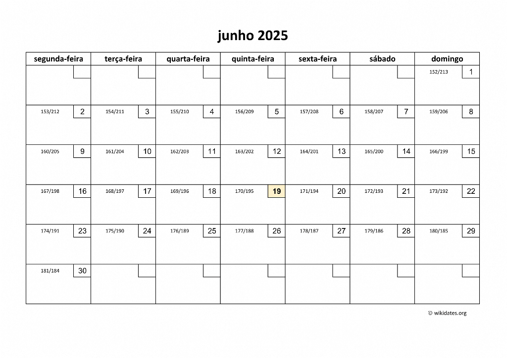 Calendário Junho 2025