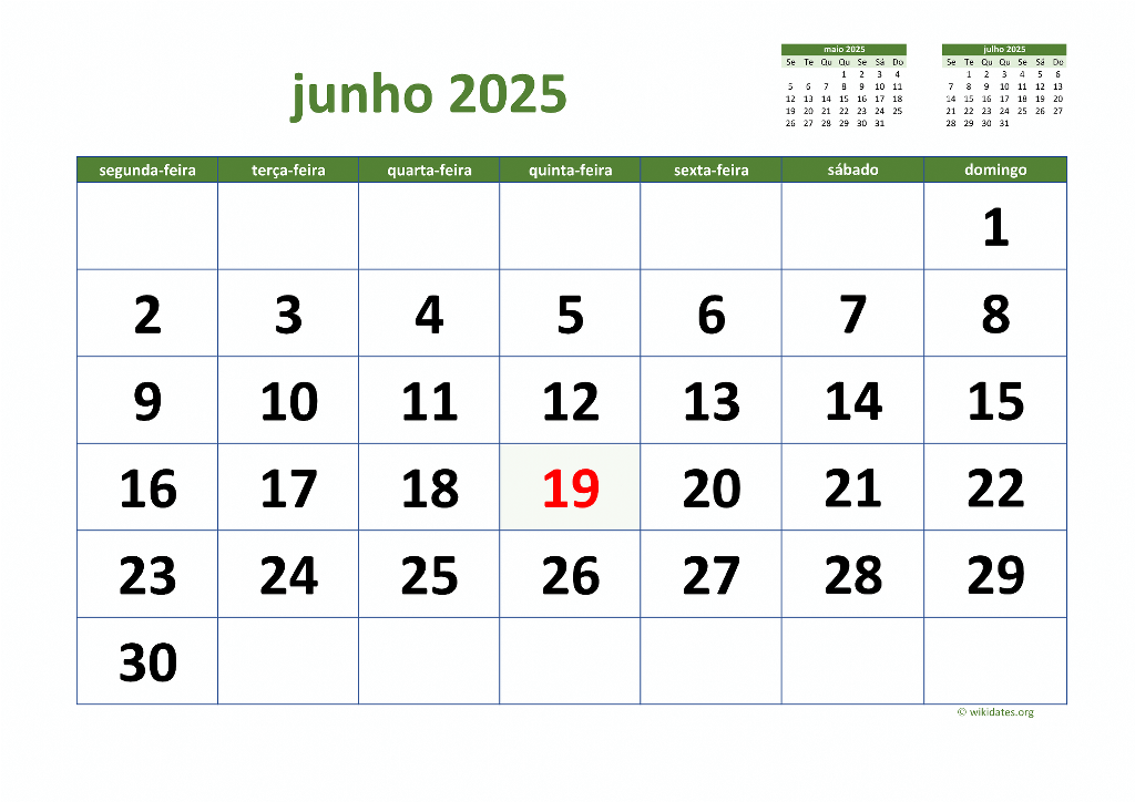 Calendário Junho 2025