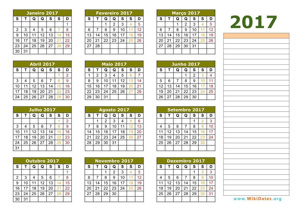 Calendário 2017 | WikiDates.org