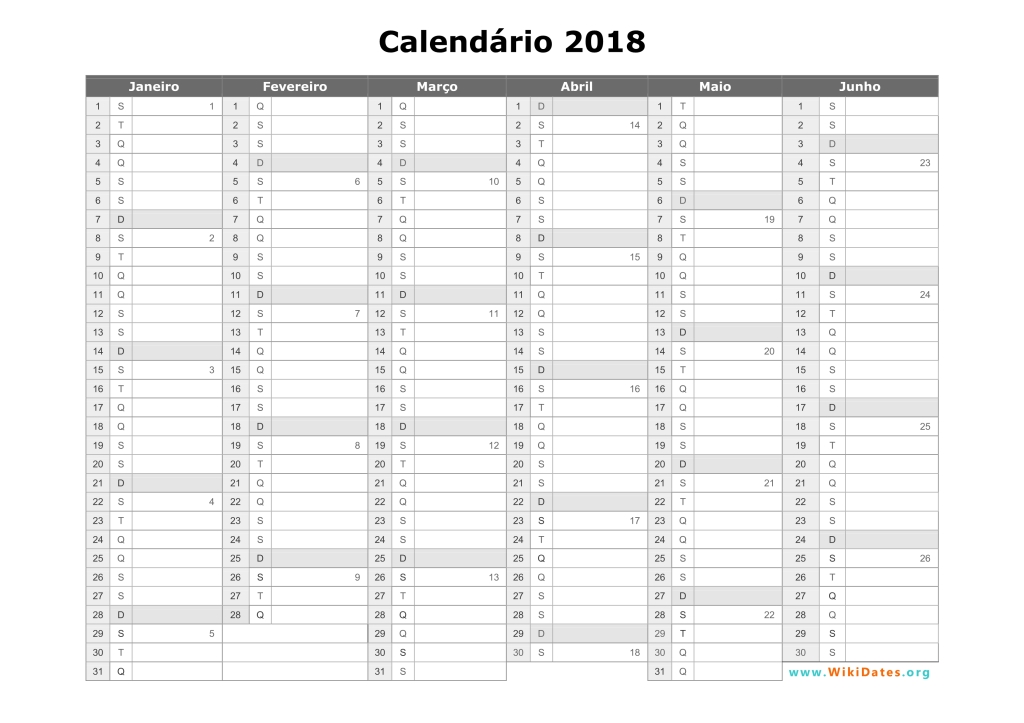 Calendario 2018 en ingles