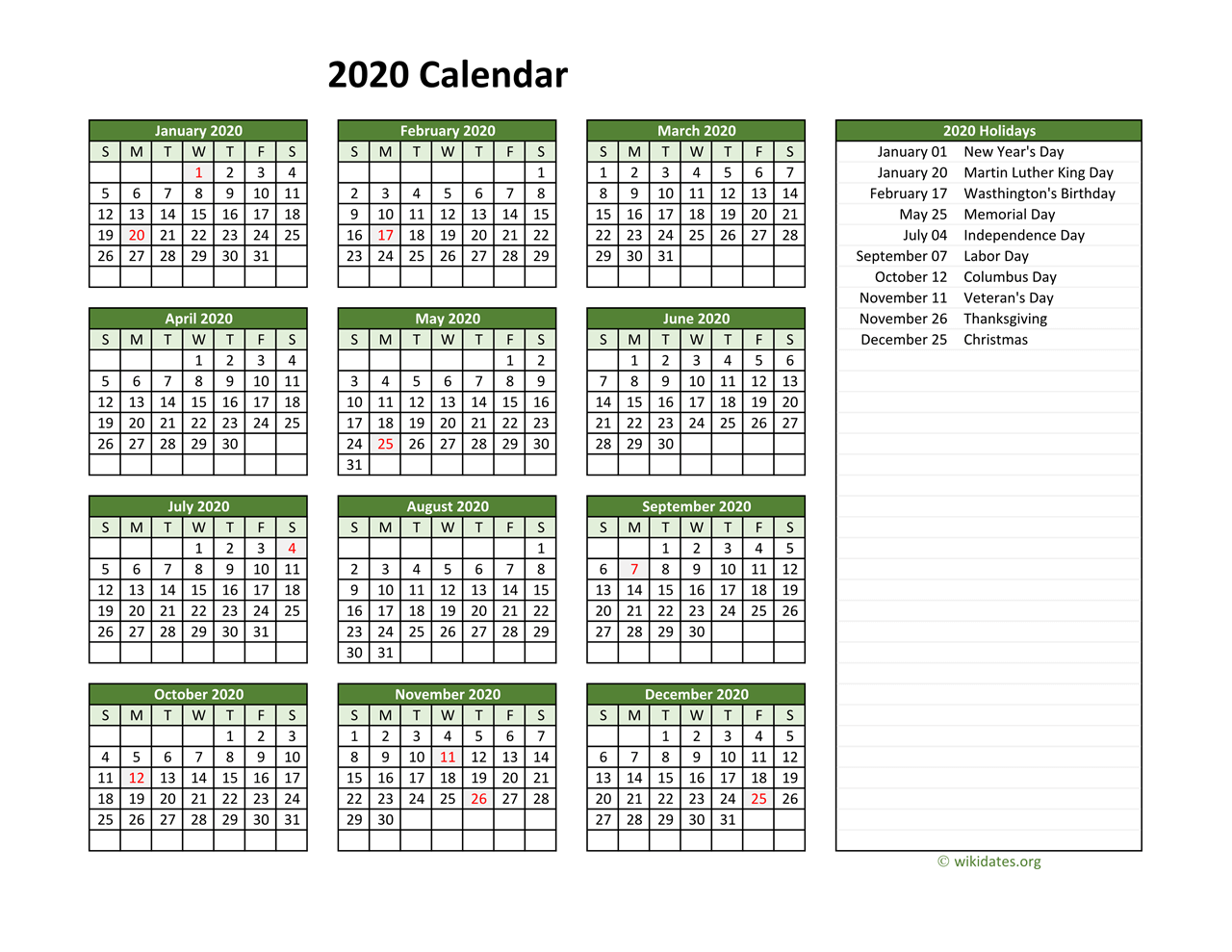 Printable 2020 Calendar With Federal Holidays