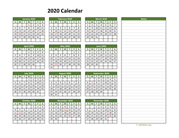 Yearly Printable 2020 Calendar with Notes