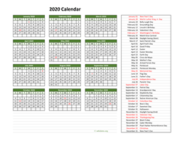 2020 Calendar with US Holidays
