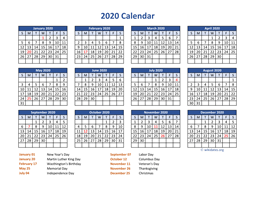 PDF Calendar 2020 with Federal Holidays
