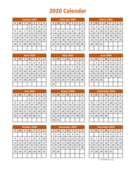 Full Year 2020 Calendar on one page