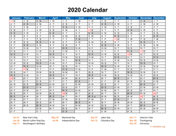 2020 Calendar Horizontal, One Page