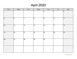 April 2020 Calendar with Weekend Shaded