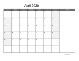 April 2020 Calendar with Notes