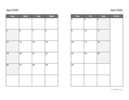April 2020 Calendar on two pages