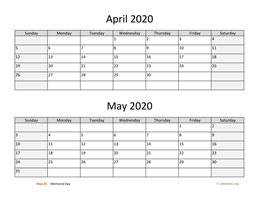 April and May 2020 Calendar