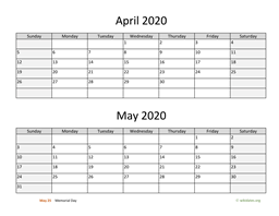 april and may 2020 calendar