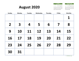 August 2020 Calendar with Extra-large Dates