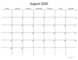 August 2020 Calendar with Bigger boxes