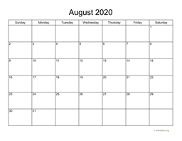 Basic Calendar for August 2020