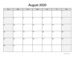 August 2020 Calendar with Weekend Shaded