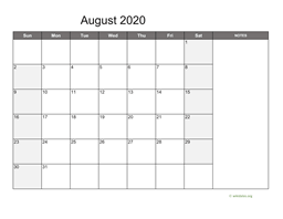 August 2020 Calendar with Notes
