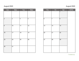 August 2020 Calendar on two pages