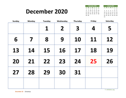 December 2020 Calendar with Extra-large Dates