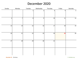 December 2020 Calendar with Bigger boxes
