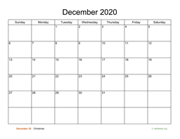 Basic Calendar for December 2020