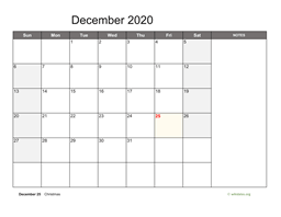 December 2020 Calendar with Notes