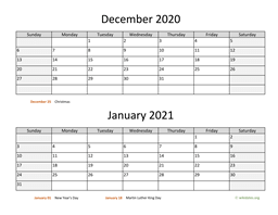 December 2020 and January 2021 Calendar