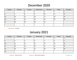 december and january 2020 calendar