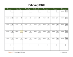 February 2020 Calendar with Day Numbers