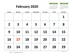 February 2020 Calendar with Extra-large Dates
