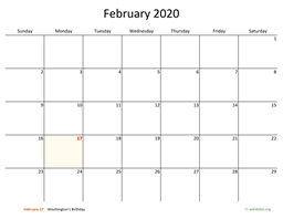 February 2020 Calendar with Bigger boxes