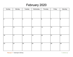 Basic Calendar for February 2020