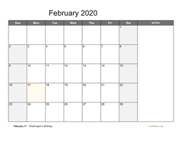 February 2020 Calendar with Notes