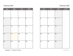 February 2020 Calendar on two pages