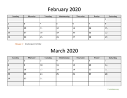 february and march 2020 calendar