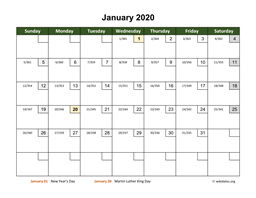 January 2020 Calendar with Day Numbers