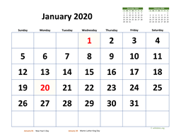 January 2020 Calendar with Extra-large Dates