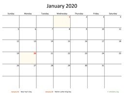 January 2020 Calendar with Bigger boxes