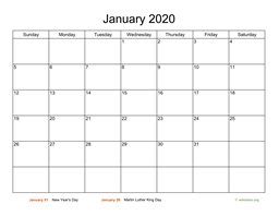 Basic Calendar for January 2020