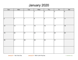 January 2020 Calendar with Weekend Shaded