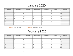 January and February 2020 Calendar