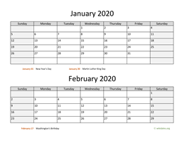 january and february 2020 calendar